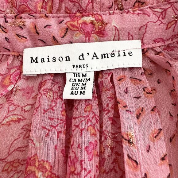 Maison d'Amelie Blouse Size M Pink Floral Boho Smocked Long Sleeve Peasant - Picture 7 of 11